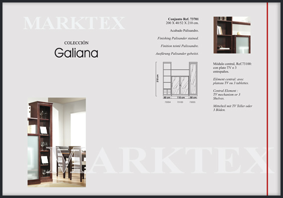 MAQUETACIÓN e Impresión offset de fichas díptico para catálogo muebles. Colección GALIANA - MARKTEX.