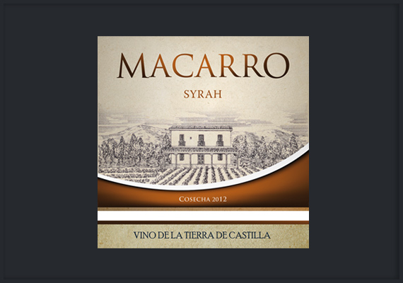 Etiqueta Vino MACARRO Syrah, de Castilla-la Mancha. Diseño definitivo para cosecha de 2012